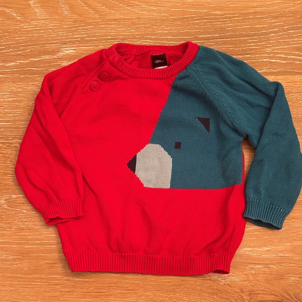 Tea Collection Red and Teal Bear Sweater